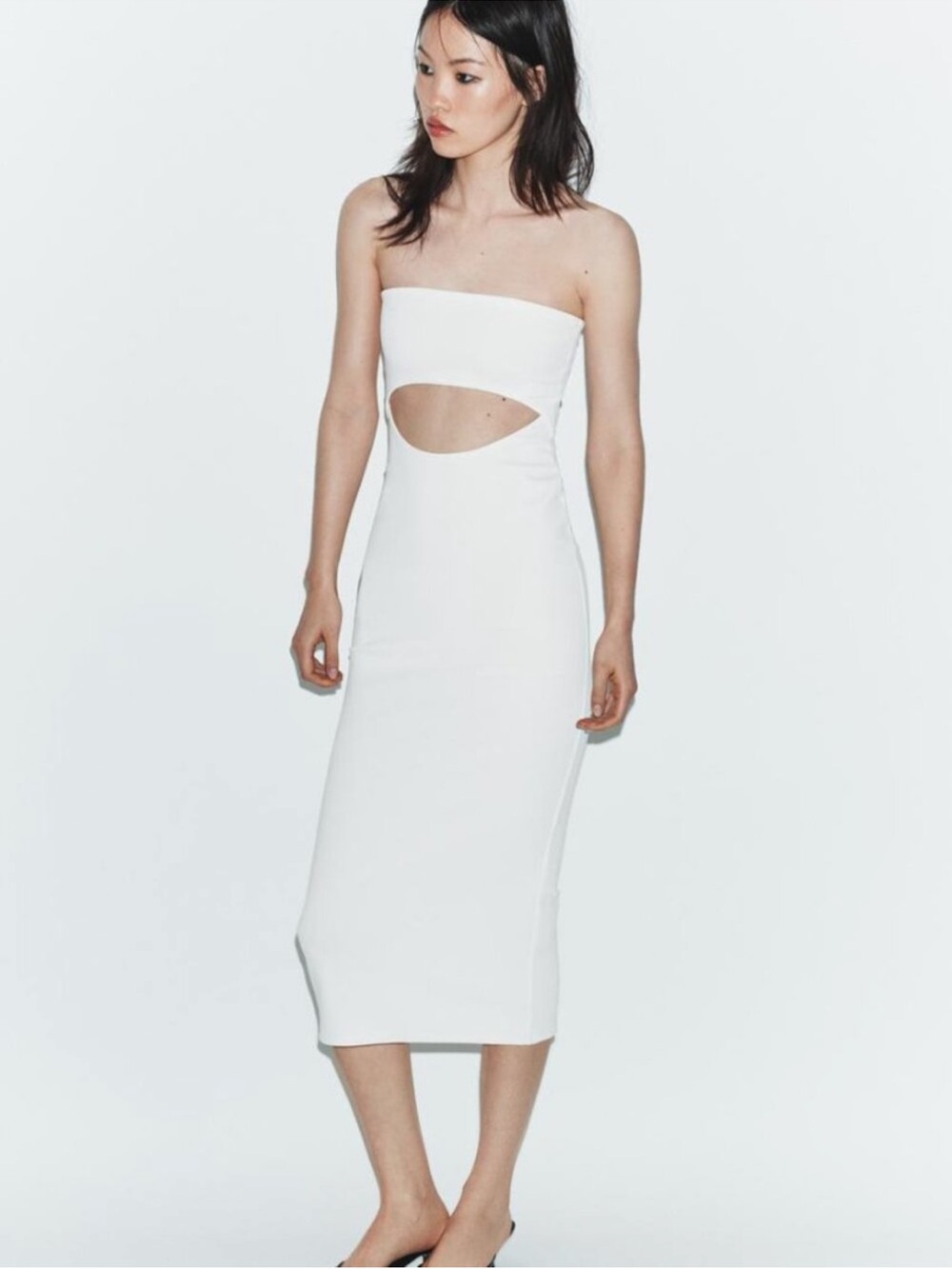 Zara White Strapless Midi Dress with Front Cutout